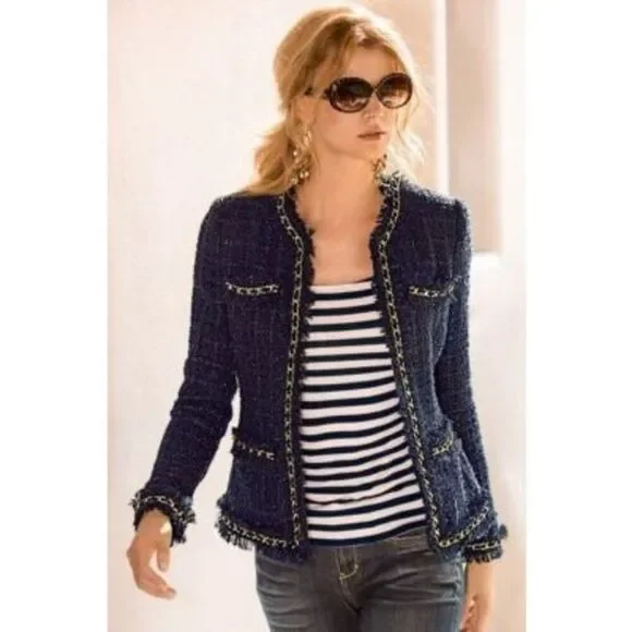 Boston Proper Women's Parisian Tweed Shimmer Chain Fringe Jacket Navy Gold Sz 12 - Picture 2 of 9